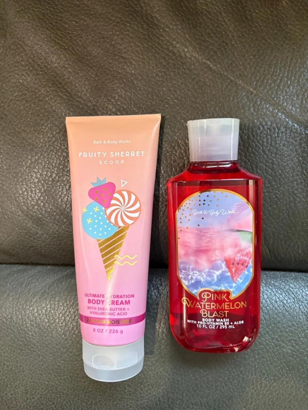 Bath and body summer set in fruity sherbet scoop and pink watermelon blast